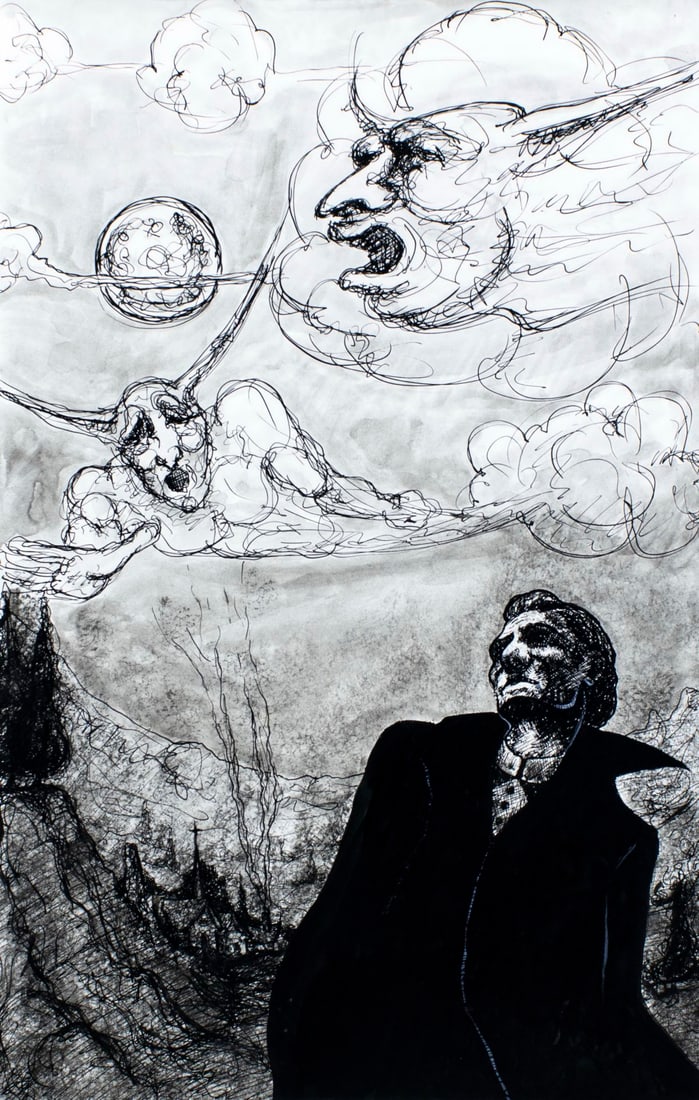 Bruce Waldman (NY,b 1949) ink painting: ARTIST: Bruce Waldman (New York, born 1949) TITLE: Lenz - Surreal Scene MEDIUM: ink on board CONDITION: Minor damages to corners. Minor foxing. ART SIZE: