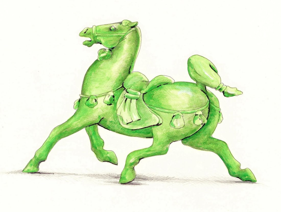 George McMonigle (PA,Hawaii,b 1951) watercolor painting: ARTIST: George McMonigle (Pennsylvania, Hawaiian, born 1951) TITLE: Jade Glass Sculpture - Chinese Horse YEAR: 1984 MEDIUM: watercolor on board CONDITION: