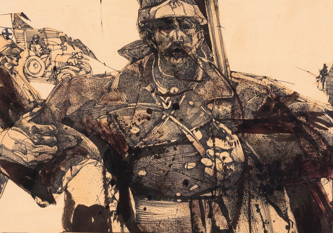 Barron Storey (CA,TX,1940-?) mixed media painting: ARTIST: Ross Barron Storey (California, Texas, 1940 - ???) TITLE: A Farewell to Arms YEAR: 1979 MEDIUM: mixed media on paper. Paper applied to board. CONDITION: