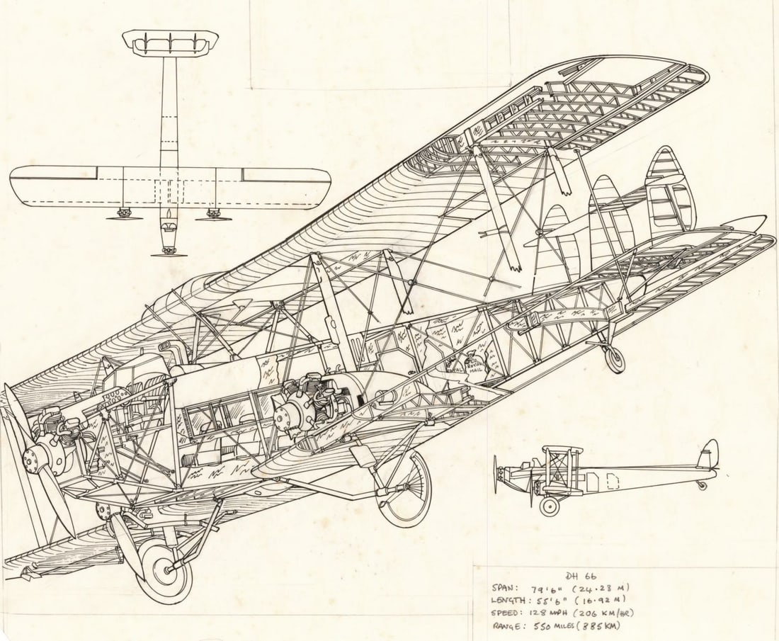 John Batchelor (UK,1936-2019) ink painting: ARTIST: John Henry Batchelor (United Kingdom, 1936 - 2019) TITLE: DH-66 Hercules Plane (titled on verso) YEAR: 1986 MEDIUM: ink on paper. Paper applied to board.