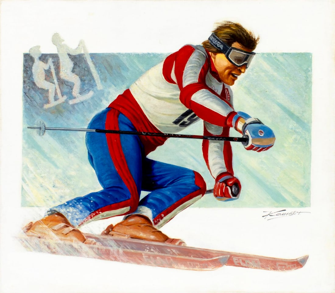 Gherman Komlev (Russia,1933-2000) oil painting: ARTIST: Gherman Komlev (Russian, 1933 - 2000) TITLE: International Olympics 1988 - Skiing (titled on verso) YEAR: 1988 MEDIUM: oil on canvas. Canvas applied to board. <