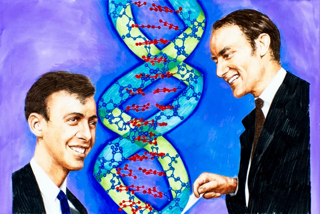 Paul Calle (CT,NY,1928-2010) colored pencil painting: ARTIST: Paul Calle (Connecticut, New York, 1928 - 2010) & Chris Calle (American, born 1961) TITLE: 1950s - Science Begins to Unravel the Genetic Code (titled on verso) YEAR: 1999 M