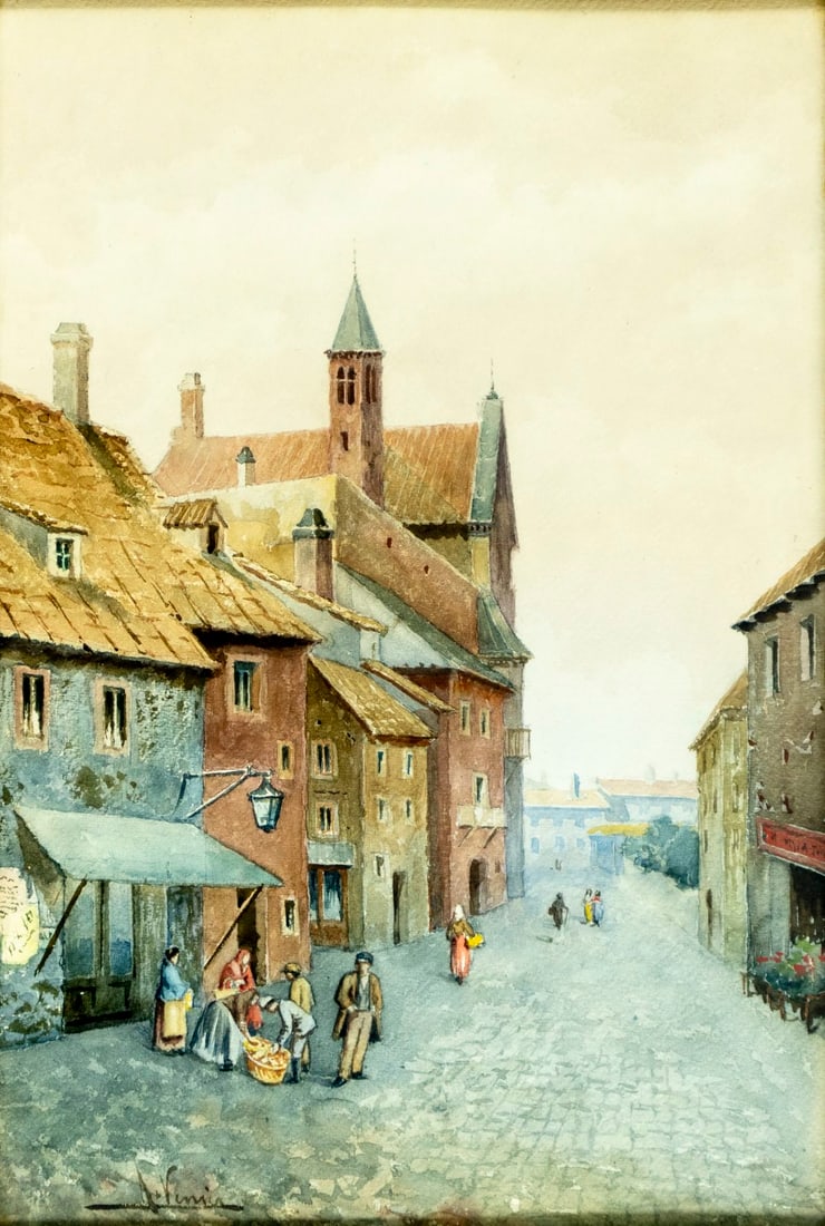 Antique early 20C European watercolor painting signed (1 of 13)