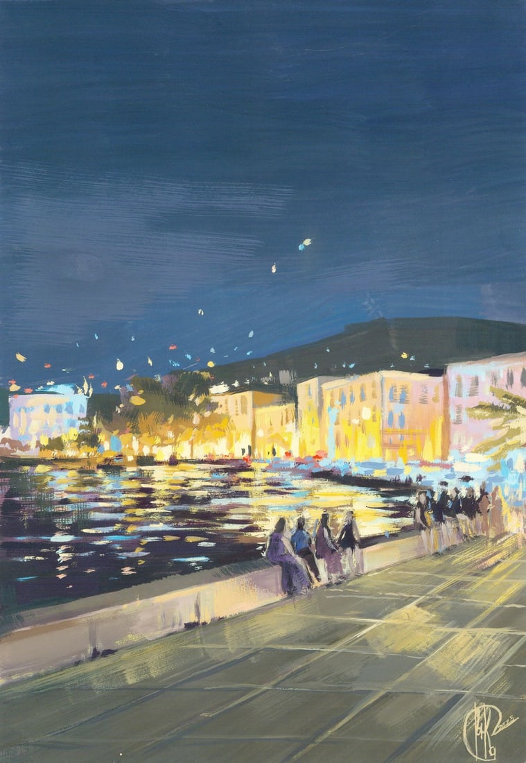 Ivanna Kotulych (Ukraine,20/21C) acrylic painting: ARTIST: Ivanna Kotulych (Ukraine, 20/21 centuries) TITLE: Evening Cityscape MEDIUM: acrylic on heavy paper CONDITION: Very good. No visible inpaint under UV light.