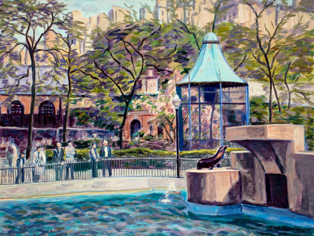 Evelyn Metzger (NY,Brazil,1911-2007) oil painting: ARTIST: Evelyn Borchard Metzger (New York, Brazilian, 1911 - 2007) TITLE: Seal Barking in the Zoo (titled on label) YEAR: 1992 MEDIUM: oil on board CONDITION:</
