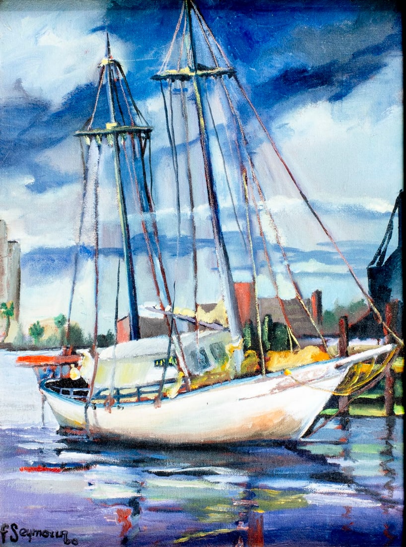 Florence Seymour (FL,1904-2006) oil painting: ARTIST: Florence Seymour (Florida, 1904 - 2006) TITLE: Harbor Scene with Sailboat YEAR: 1960 MEDIUM: oil on canvas. Canvas applied to board. CONDITION: