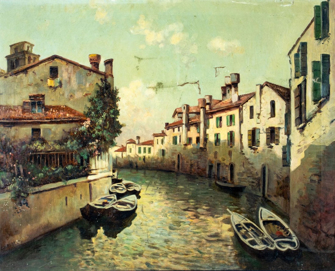 C H Rocetti (Italy,mid 20C) oil painting: ARTIST: C H Rocetti (Italian, mid 20 century) TITLE: Venice Canal Cityscape MEDIUM: oil on canvas CONDITION: Few patches. Some scratches/paint losses. Minor craquelure. No v