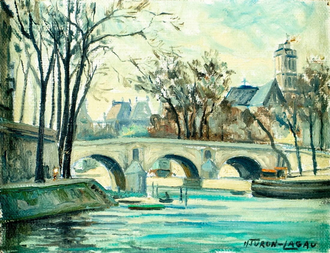 Henri Turon Lagau (France,1905-1997) oil painting: ARTIST: Henri Turon Lagau (French, 1905 - 1997) TITLE: Paris Cityscape, France MEDIUM: oil on canvas CONDITION: Two small patches. Few nail holes by the corners. Some pain