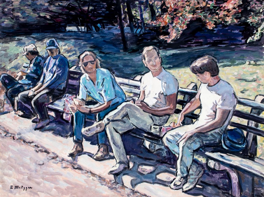 Evelyn Metzger (NY,Brazil,1911-2007) oil painting: ARTIST: Evelyn Borchard Metzger (New York, Brazilian, 1911 - 2007) TITLE: Central Park Scene, NY MEDIUM: oil on board CONDITION: Minor paint losses. No visible inpaint unde