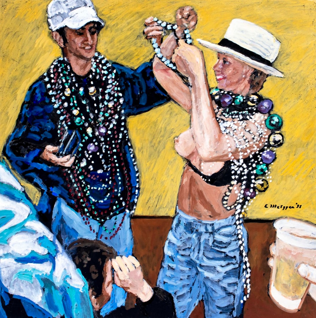 Evelyn Metzger (NY,Brazil,1911-2007) oil painting: ARTIST: Evelyn Borchard Metzger (New York, Brazilian, 1911 - 2007) TITLE: Mardi Gras Scene YEAR: 1998 MEDIUM: oil on board CONDITION: Minor scratches mos