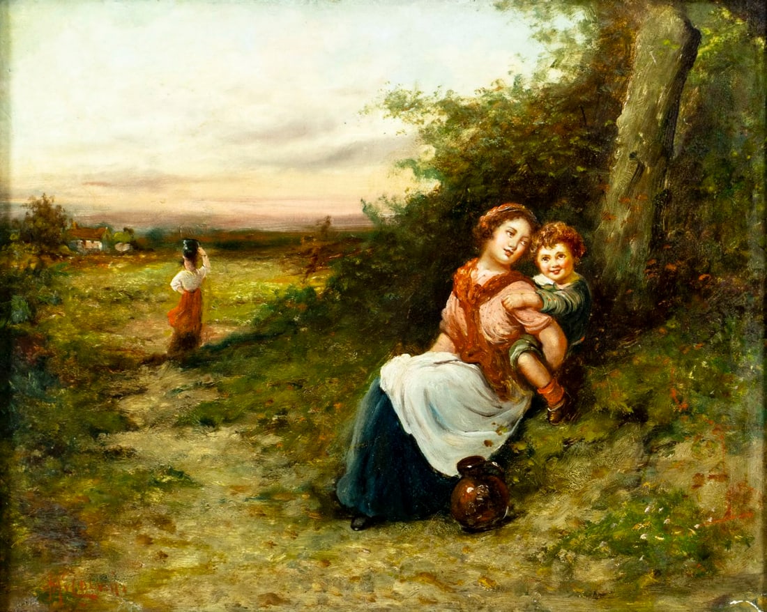 John Andrew McColvin (UK,1864-1920) oil painting antique: ARTIST: John Andrew McColvin (United Kingdom, 1864 - 1920) TITLE: Mother and Son MEDIUM: oil on canvas CONDITION: One repaired tear. Few small paint losses mostly by the l