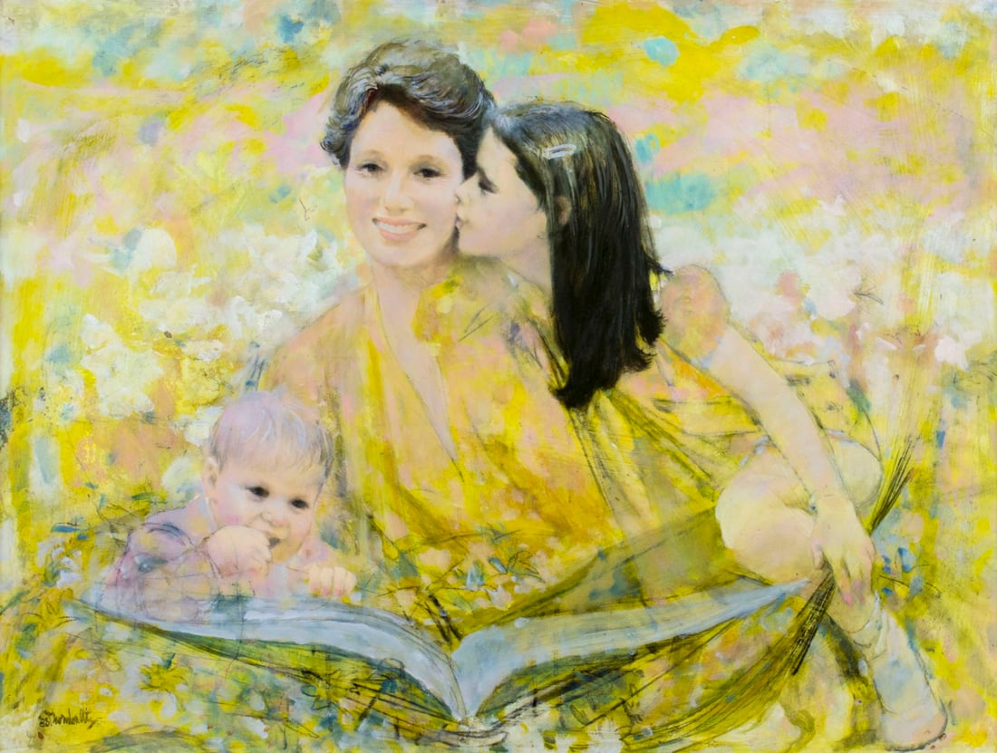 Thornton Utz (FL,TN,1914-1999) oil painting: ARTIST: Thornton Utz (Florida, Tennessee, 1914 - 1999) NAME: Mother with Children YEAR: 1985 MEDIUM: oil on board CONDITION: Missing a few flakes of paint. No visible inp