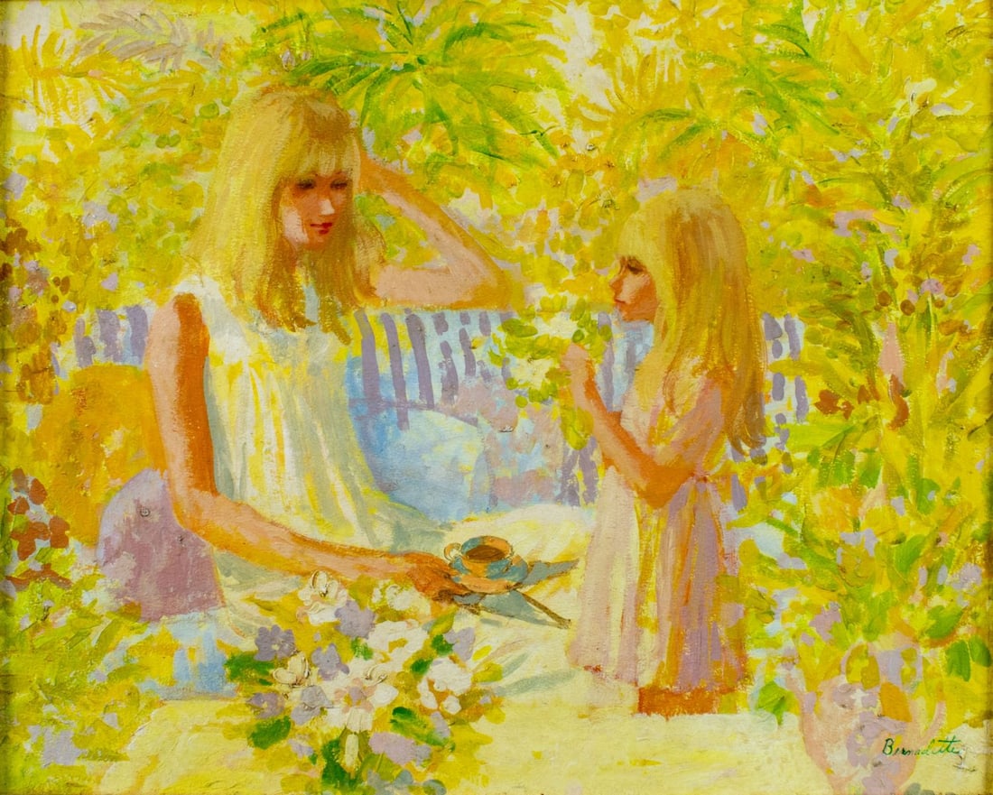 Bernadette Hughes (AZ,1945-?) oil painting: ARTIST: Bernadette Thomas Hughes (Arizona, 1945 - ???) TITLE: Mother and Daughter on Terrace MEDIUM: oil on board CONDITION: Overall good. No visible inpaint under UV ligh