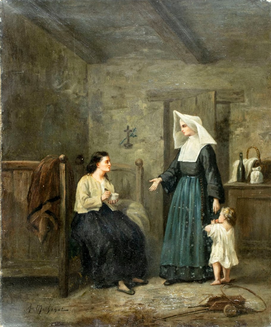 Alexis Mathonat (France,1832-1890) oil painting antique: ARTIST: Alexis Mathonat (French, 1832 - c.1890) TITLE: Interior Scene with Nun MEDIUM: oil on canvas CONDITION: One small patch. Few nail holes along edges. Some small pai