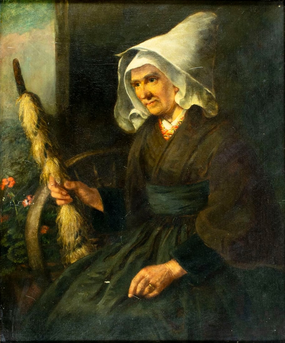 Antique 19C European oil painting: ARTIST: - (Europe, 19 century) TITLE: Woman at Spinning Wheel MEDIUM: oil on canvas CONDITION: Relined. Some scratches/paint losses mostly in the lower left quadrant. Some