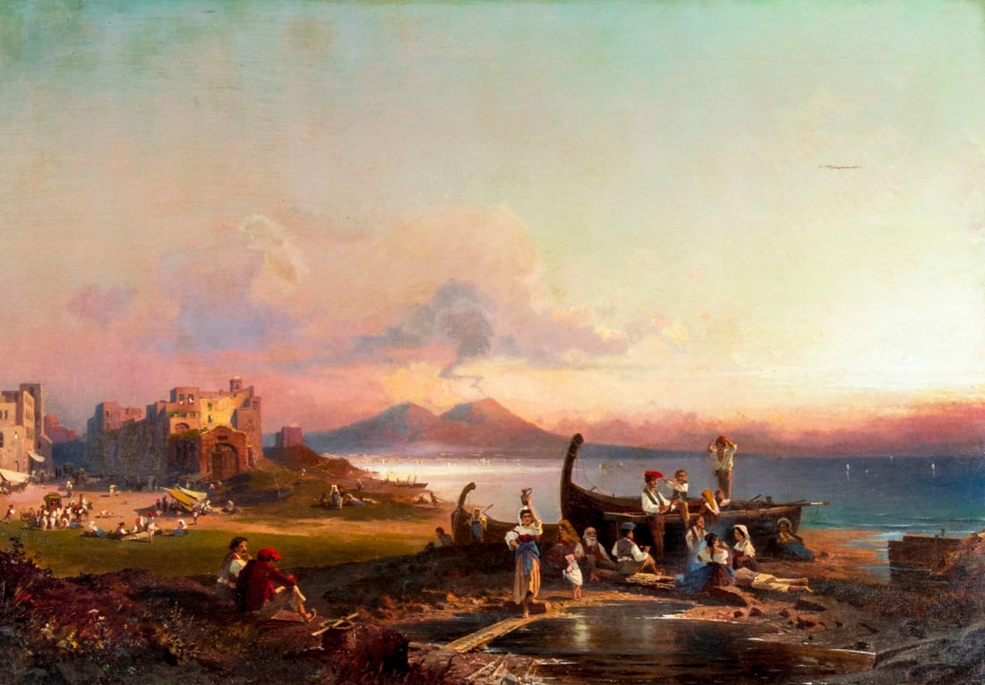 Franz Unterberger (Belgium,Austria,1838-1902) oil painting antique: ARTIST: Franz Richard Unterberger (Belgian, Austrian, 1838 - 1902) NAME: Bay of Naples MEDIUM: oil on canvas CONDITION: One tear 2" long. Very minor craquelure. One patch repair with minor c
