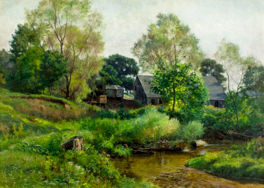 William Crothers Fitler (NY,1857-1915) oil painting antique: ARTIST: William Crothers Fitler (New York, 1857 - 1915) NAME: Country River Landscape MEDIUM: oil on canvas CONDITION: Relined. Minor inpainting along edges. SIGHT SIZE: 20 x 28 inches /