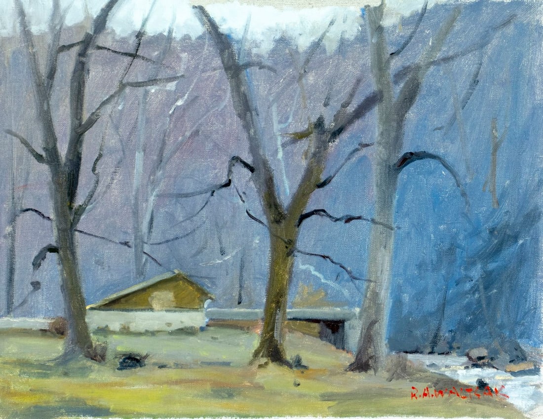 Robert Waltsak (NJ,b 1944) oil painting: ARTIST: Robert Alan Waltsak (New Jersey, born 1944) TITLE: Winter Country Landscape MEDIUM: oil on canvas CONDITION: Few minor scratches. No visible inpaint under UV light.