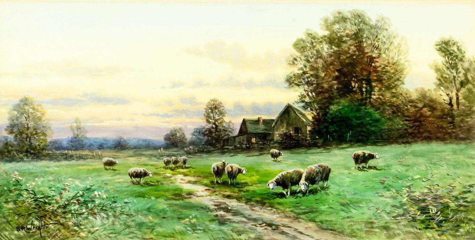 S R Wright (US,mid 20C) watercolor painting: ARTIST: S R Wright (American, mid 20 century) TITLE: Sunset Country Landscape with Sheep MEDIUM: watercolor on paper CONDITION: Minor age toning. Framed under glass. Wear to
