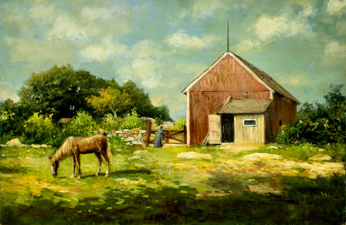 Frederick Pansing (NJ,German,1844-1912) oil painting antique: ARTIST: Frederick (Fred) Pansing (New Jersey, Germany, 1844 - 1912) TITLE: Country Landscape with Horse MEDIUM: oil on canvas CONDITION: Some scattered small inpaintings.