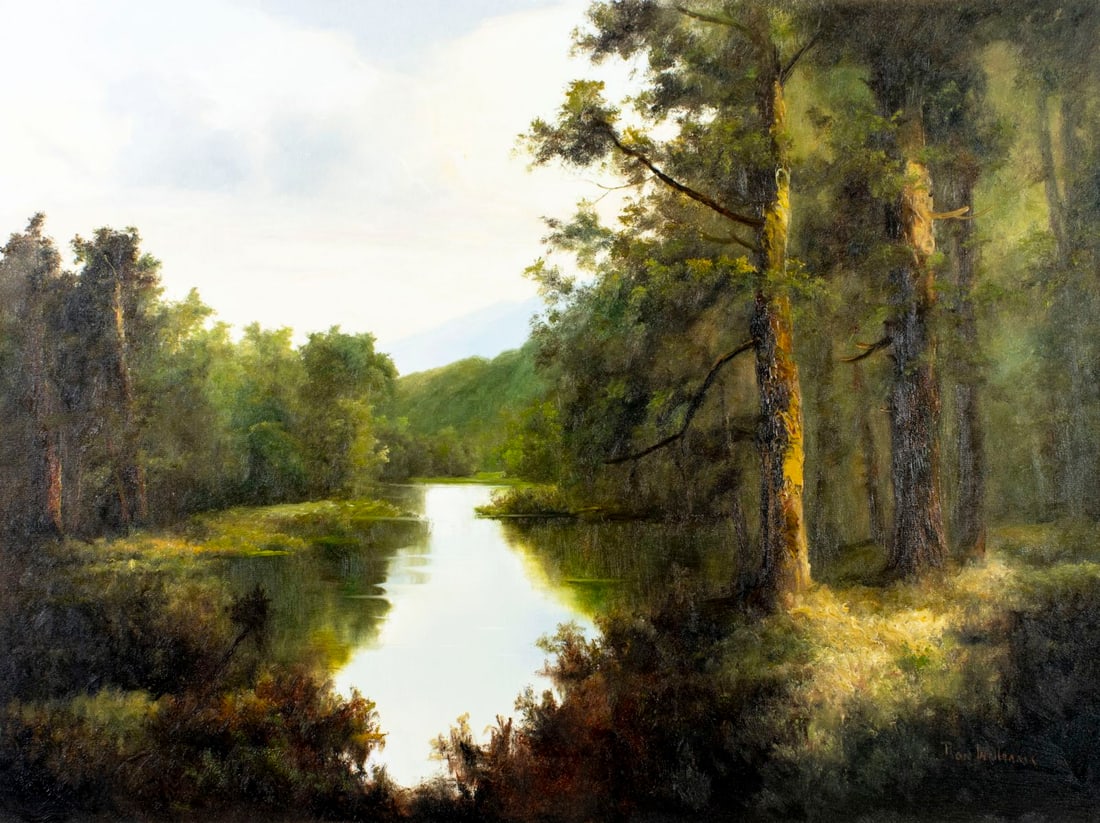 Ron Williams (TN,1947-2016) oil painting: ARTIST: Ron Williams (Tennessee, 1947 - 2016) TITLE: Forest River Landscape MEDIUM: oil on canvas CONDITION: Overall good. No visible inpaint under UV light. Normal wear a