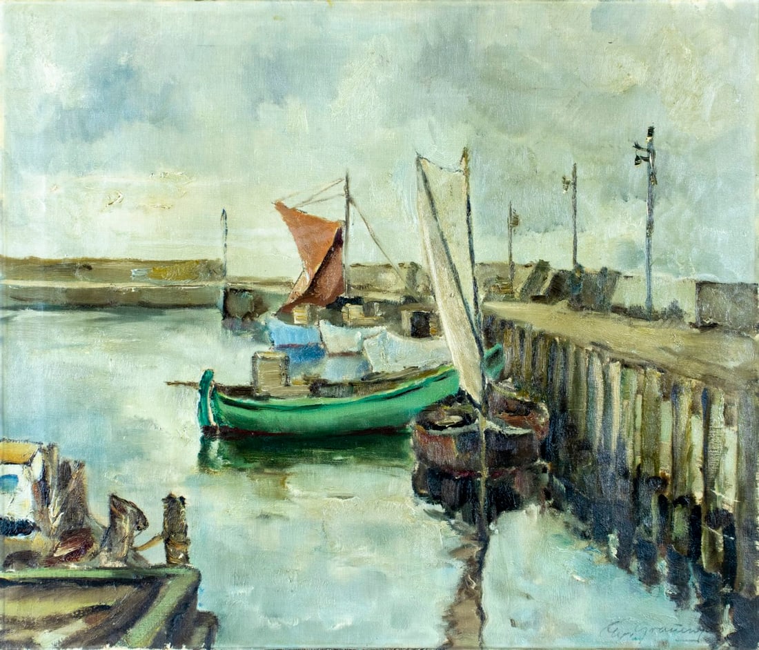 Ewald August Grauengaard (Denmark,1889-1962) oil painting: ARTIST: Ewald August Grauengaard (Danish, 1889 - 1962) TITLE: Harbor Scene with Sailboats MEDIUM: oil on canvas CONDITION: Three patches. Some scratches/paint losses mostl