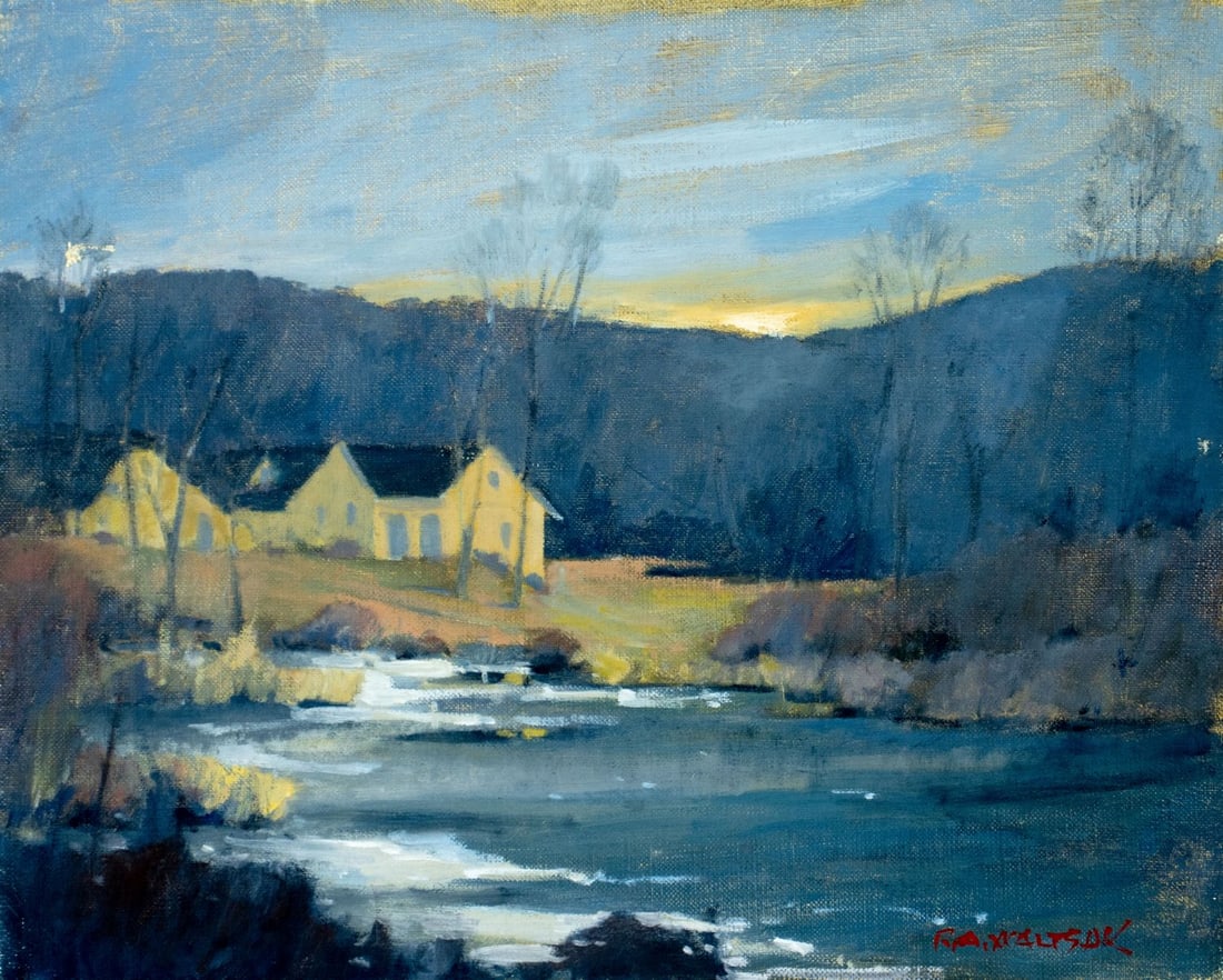 Robert Waltsak (NJ,b 1944) oil painting: ARTIST: Robert Alan Waltsak (New Jersey, born 1944) TITLE: Sunset River Landscape with Cottage MEDIUM: oil on canvas CONDITION: Few small faint scratches mostly along edges.