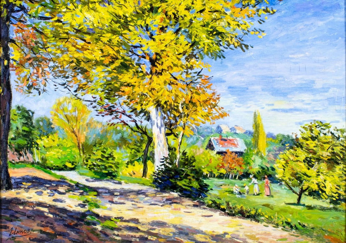 Serguey Inkov (Russia,b 1960) oil painting: ARTIST: Serguey Inkov (Russia, born 1960) TITLE: Autumn Morning (titled on verso) YEAR: 1996 MEDIUM: oil on canvas CONDITION: Missing a few flakes of pai