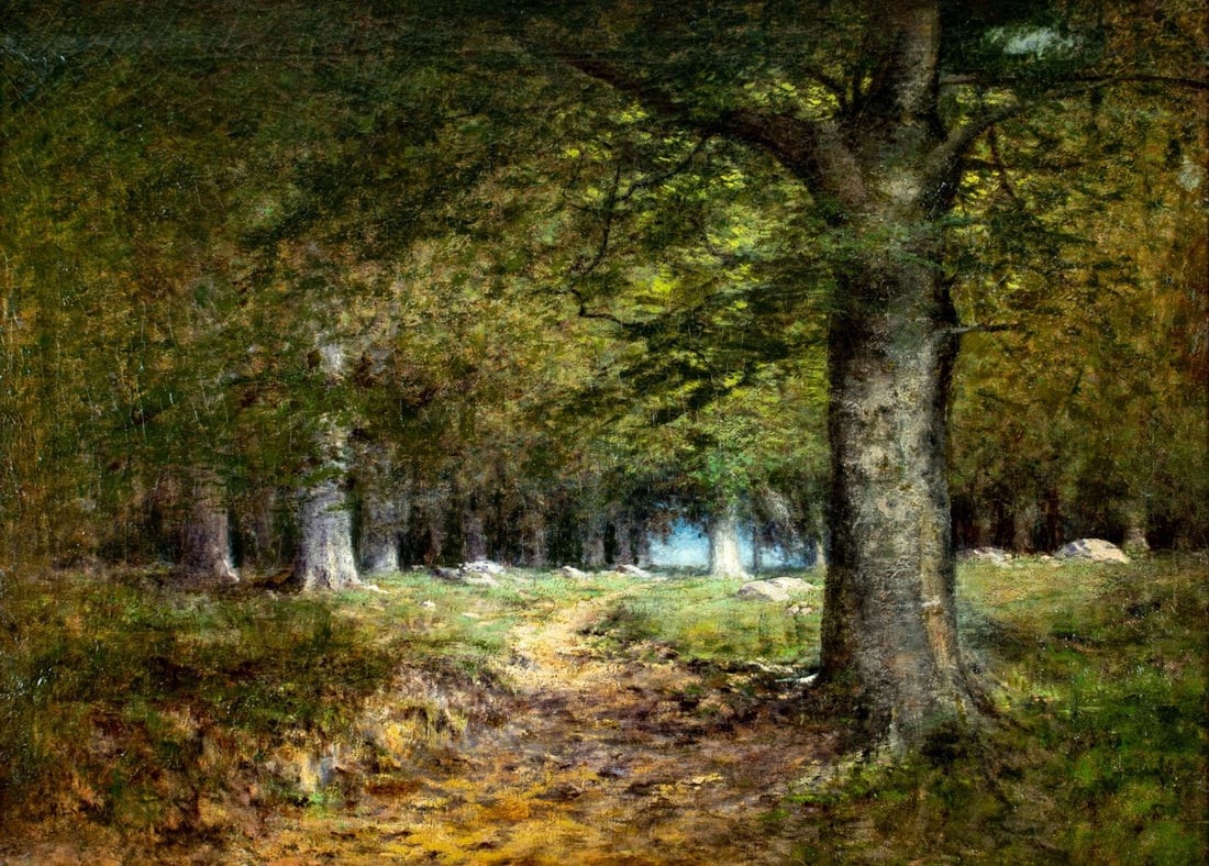 Antique 19C European oil painting signed: ARTIST: - (Europe, 19 century) TITLE: Forest Landscape MEDIUM: oil on canvas CONDITION: Relined. Minor scratches/paint losses. Some craquelure. Some scattered inpaintings.