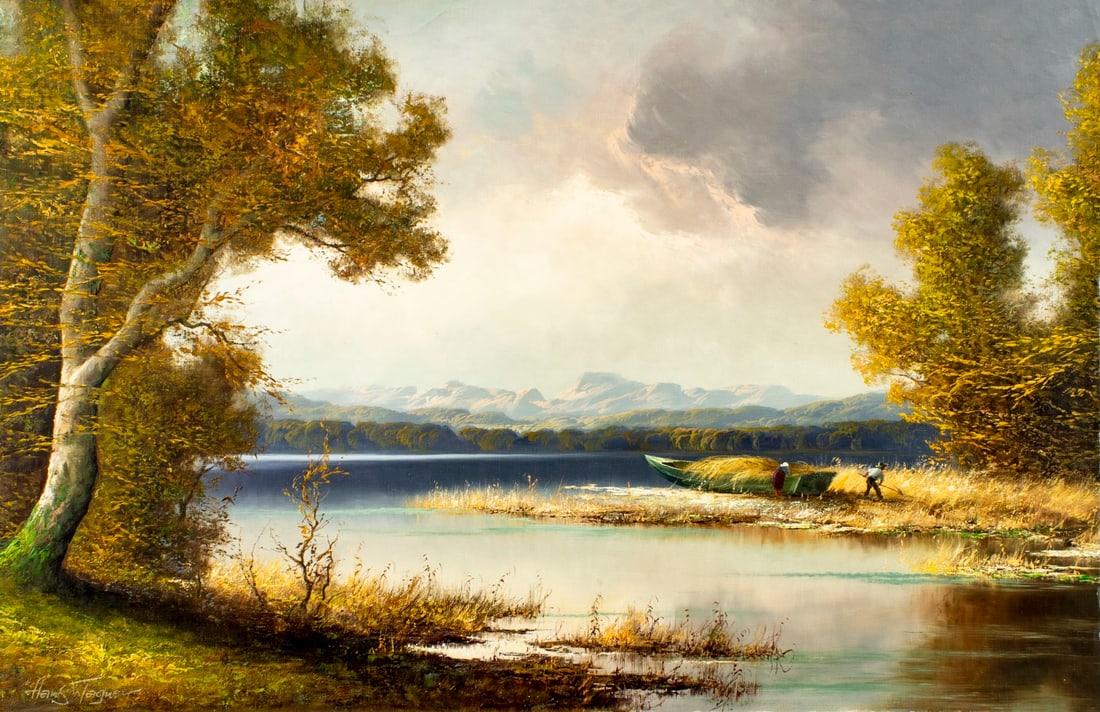 Hans Wagner (German,1924-?) oil painting: ARTIST: Hans Wagner (Germany, 1924 - ???) TITLE: River Landscape MEDIUM: oil on canvas CONDITION: Unstretched (In-House stretching available). Missing a few flakes of pain