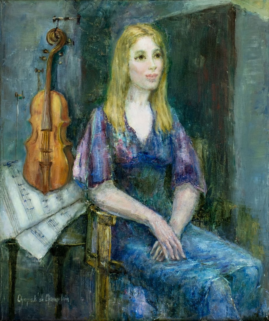 Vera Chopak De Champlain (NY,German,1928-?) oil painting: ARTIST: Vera Chopak De Champlain (New York, Germany, 1928 - ???) TITLE: Portrait of Woman with Violin MEDIUM: oil on canvas CONDITION: Very minor scratches/paint losses mo