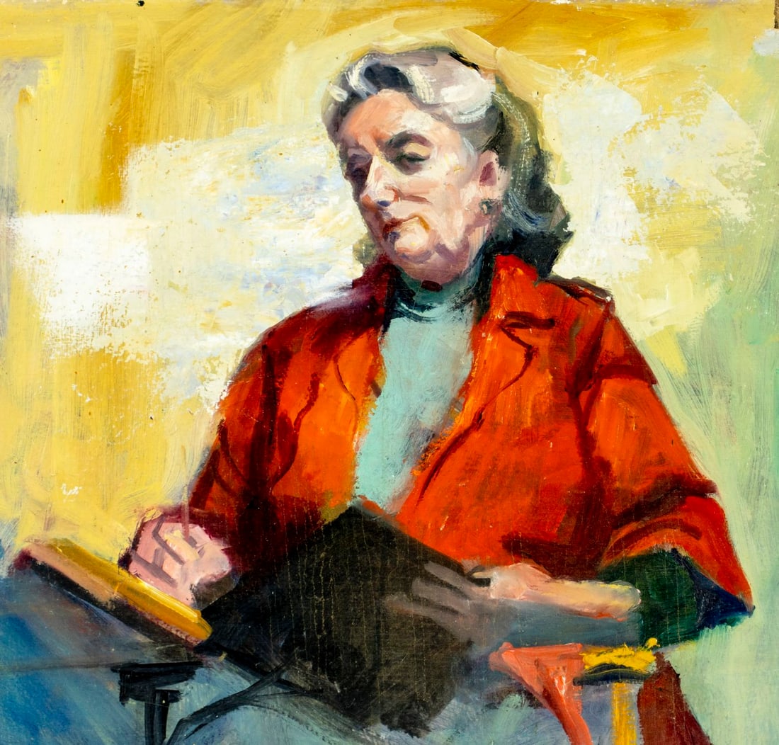 John Reilly (NY,NJ,1942-2021) oil painting: ARTIST: John Reilly (New York, New Jersey, 1942 - 2021) TITLE: Portrait of Old Woman MEDIUM: oil on board CONDITION: Some small damage to the upper right corner. Minor scr