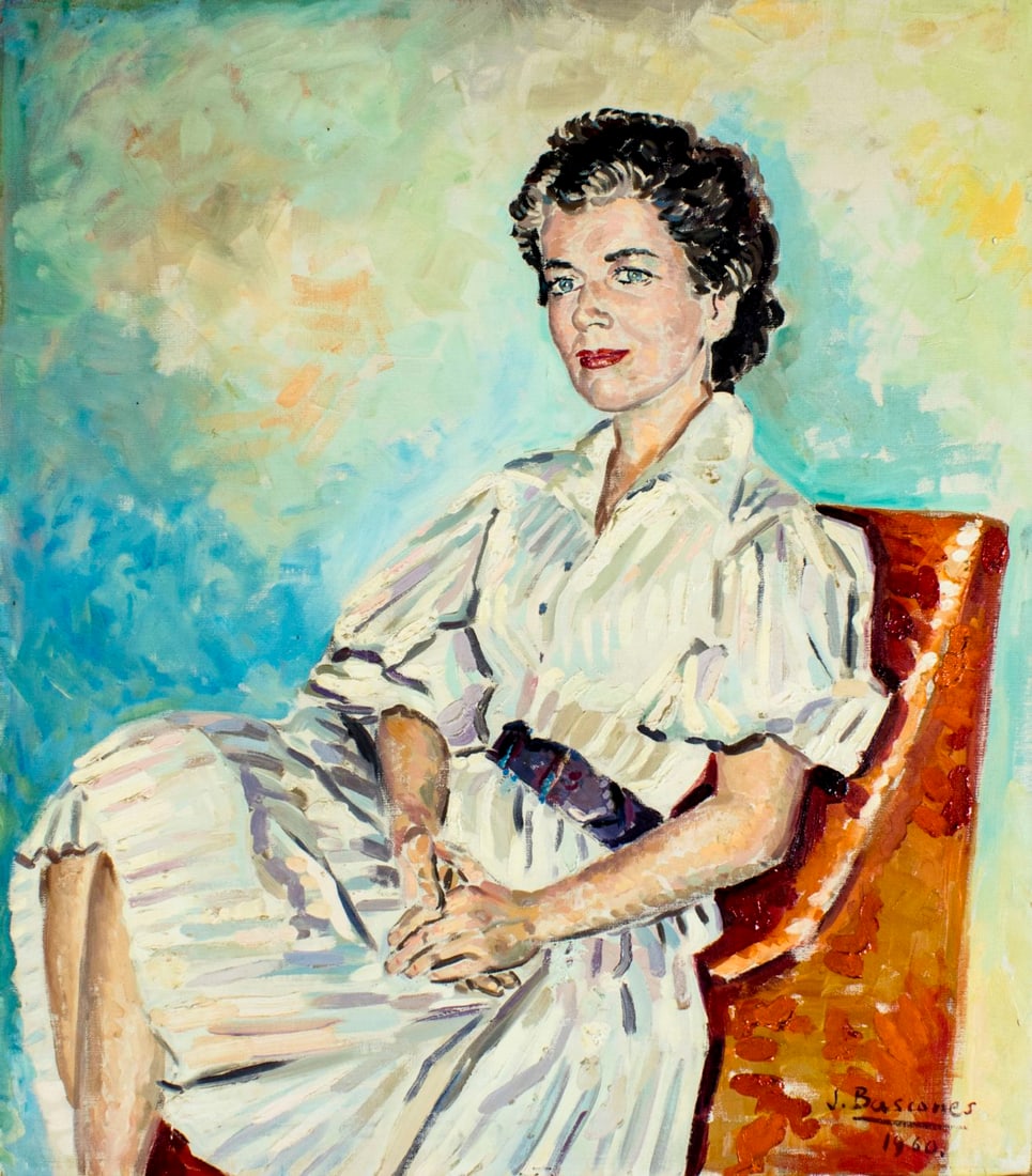 Jose Bascones Ayneto (Spain,1927-2014) oil painting: ARTIST: Jose Bascones Ayneto (Spanish, 1927 - 2014) NAME: Portrait of a Seated Woman YEAR: 1960 MEDIUM: oil on canvas CONDITION: Very good. No visible inpaint under UV li