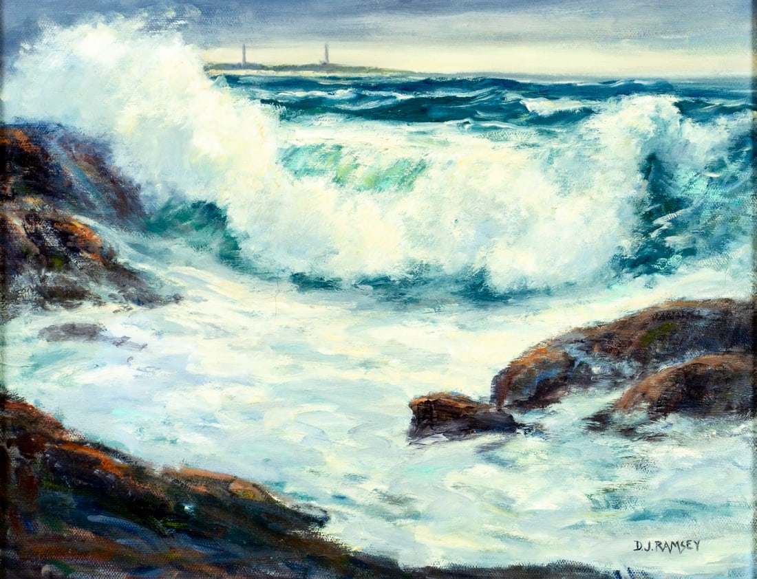 Dorothy Ramsey (CA,20C) oil painting: ARTIST: Dorothy Ramsey (California, 20 century) TITLE: Seascape - Twin Lights (titled on label) YEAR: circa 1989 MEDIUM: oil on canvas CONDITION: Minor