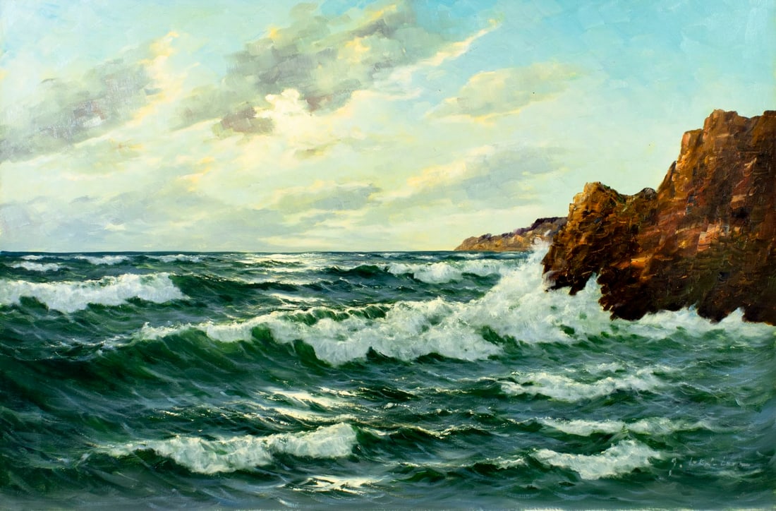 Gerhard Lukas Larsen (German,1911-1965) oil painting: ARTIST: Gerhard Lukas Larsen (Germany, 1911 - 1965) TITLE: Seascape MEDIUM: oil on canvas CONDITION: Unstretched (In-House stretching available). Overall good. No visible