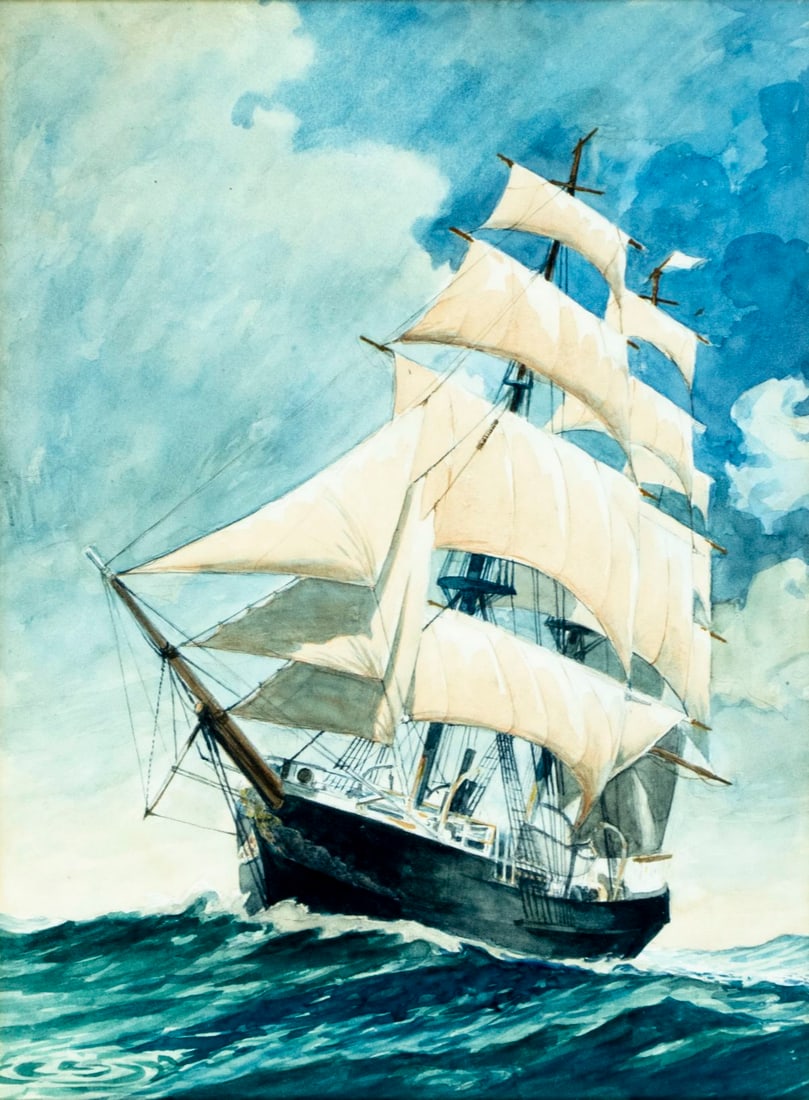 Antique early 20C watercolor painting: ARTIST: - (early 20 century) TITLE: Sail Ship MEDIUM: watercolor on paper CONDITION: Some age toning. Framed under glass. Wear to frame. ART SIZE: 13 x