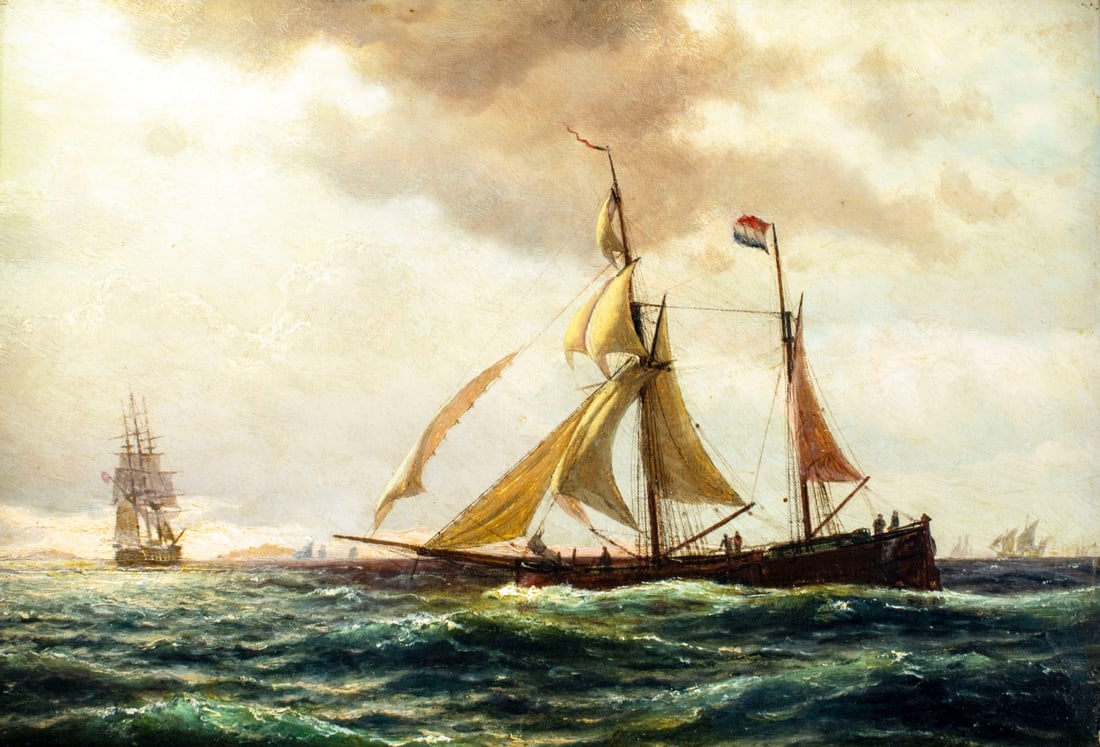 John Petersen (MA,Denmark,1839-1874) oil painting antique: ARTIST: John Eric Christian Petersen (Massachusetts, Danish, 1839 - 1874) TITLE: Merchant Brig in Rough Sea YEAR: 1872 MEDIUM: oil on canvas. Canvas applied to board. <