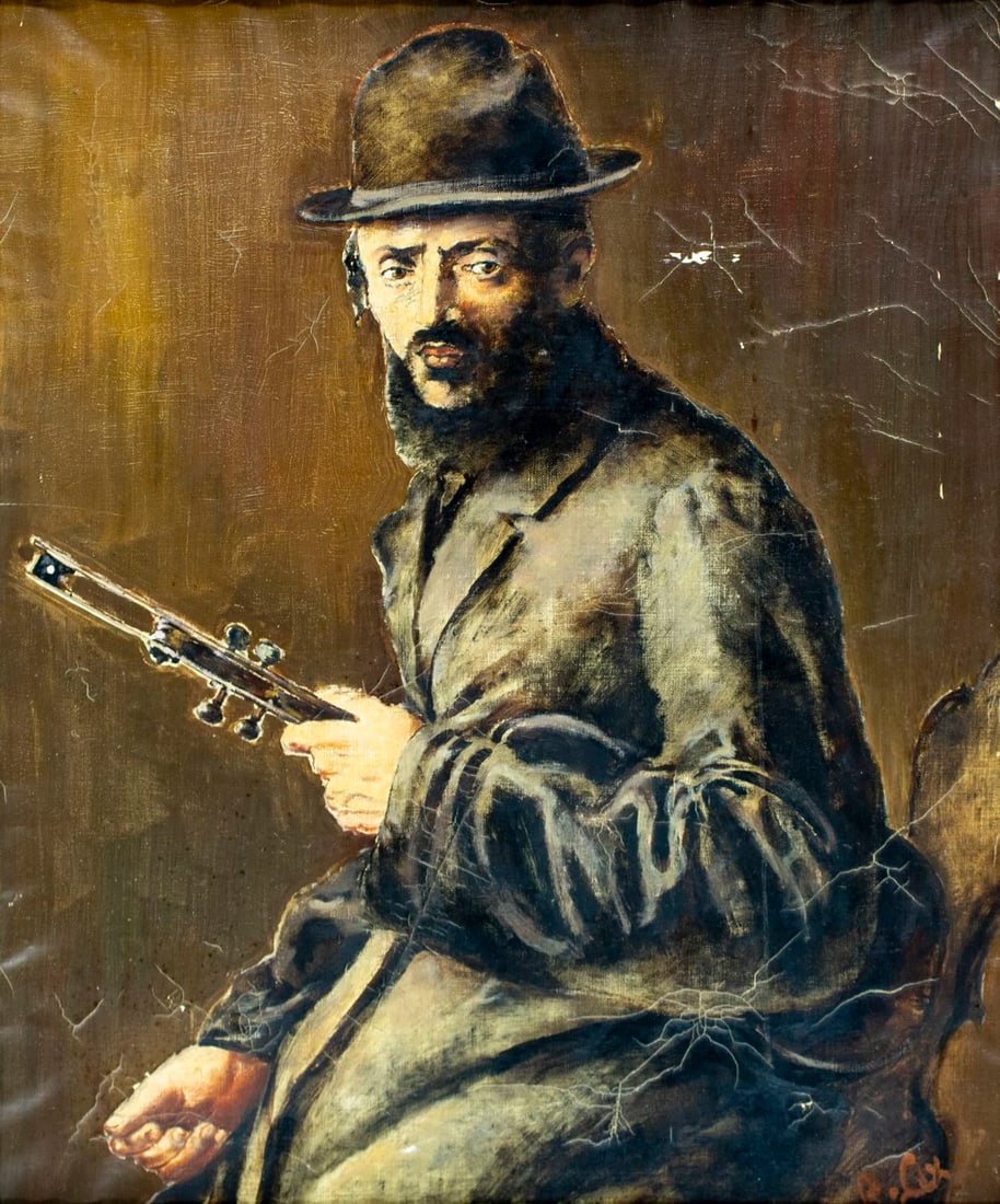 Lex (US,mid 20C) oil painting: ARTIST: Lex (American, mid 20 century) TITLE: Jewish Man with Violin MEDIUM: oil on canvas CONDITION: One patch-repaired tear. Some paint losses. Some craquelure. Some dri