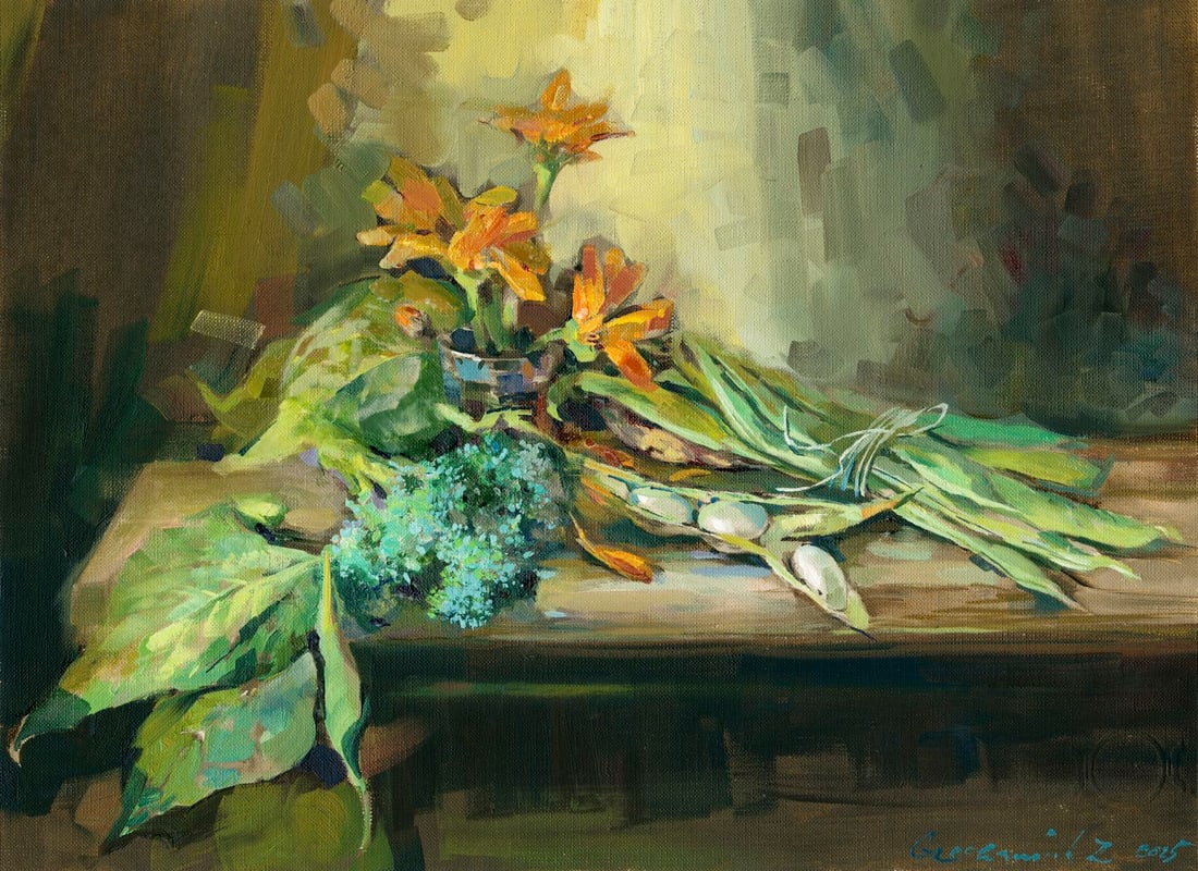 Zoya Grechanyuk (Ukraine,b 1977) acrylic painting: ARTIST: Zoya Grechanyuk (Ukrainian, born 1977) TITLE: Still Life with Flowers MEDIUM: acrylic on heavy paper CONDITION: Very good. ART SIZE: 12 x 16 inch
