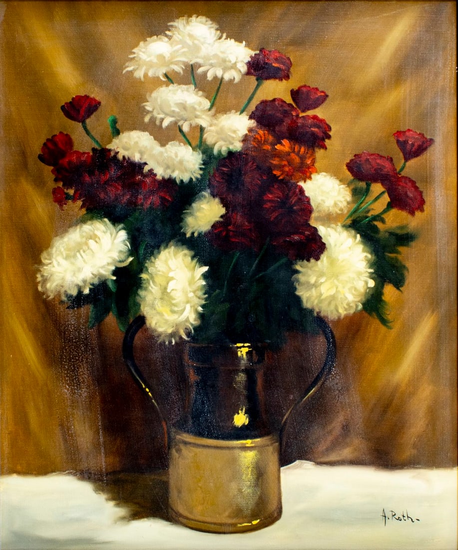 Andreas Roth (CA,Germany,Austria,1871-1949) oil painting: ARTIST: Edward Andreas Roth (California, German, Austrian, 1871 - 1949) TITLE: Still Life with Vase of Flowers MEDIUM: oil on canvas CONDITION: Few minor scratches/paint l