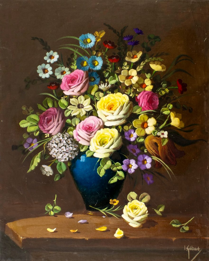 Ignacio Guibert (Spain,1916-1992) oil painting: ARTIST: Ignacio Guibert Amor (Spanish, 1916 - 1992) TITLE: Still Life with Vase of Flowers MEDIUM: oil on canvas CONDITION: Unstretched (In-House stretching available). So