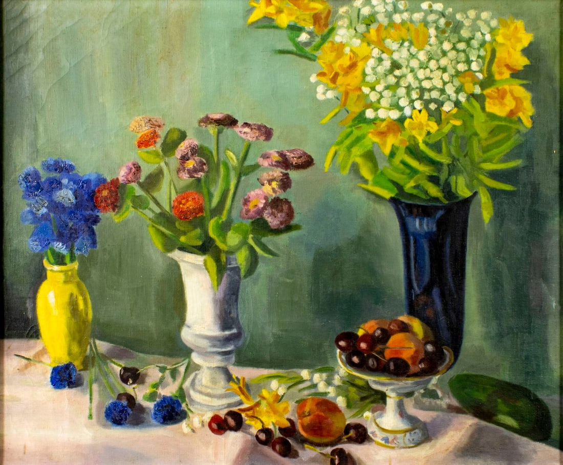 Vintage mid 20C European oil painting: ARTIST: - (Europe, mid 20 century) TITLE: Still Life with Vases of Flowers and Fruit MEDIUM: oil on canvas CONDITION: Few minor scratches/paint losses. Some craquelure. No