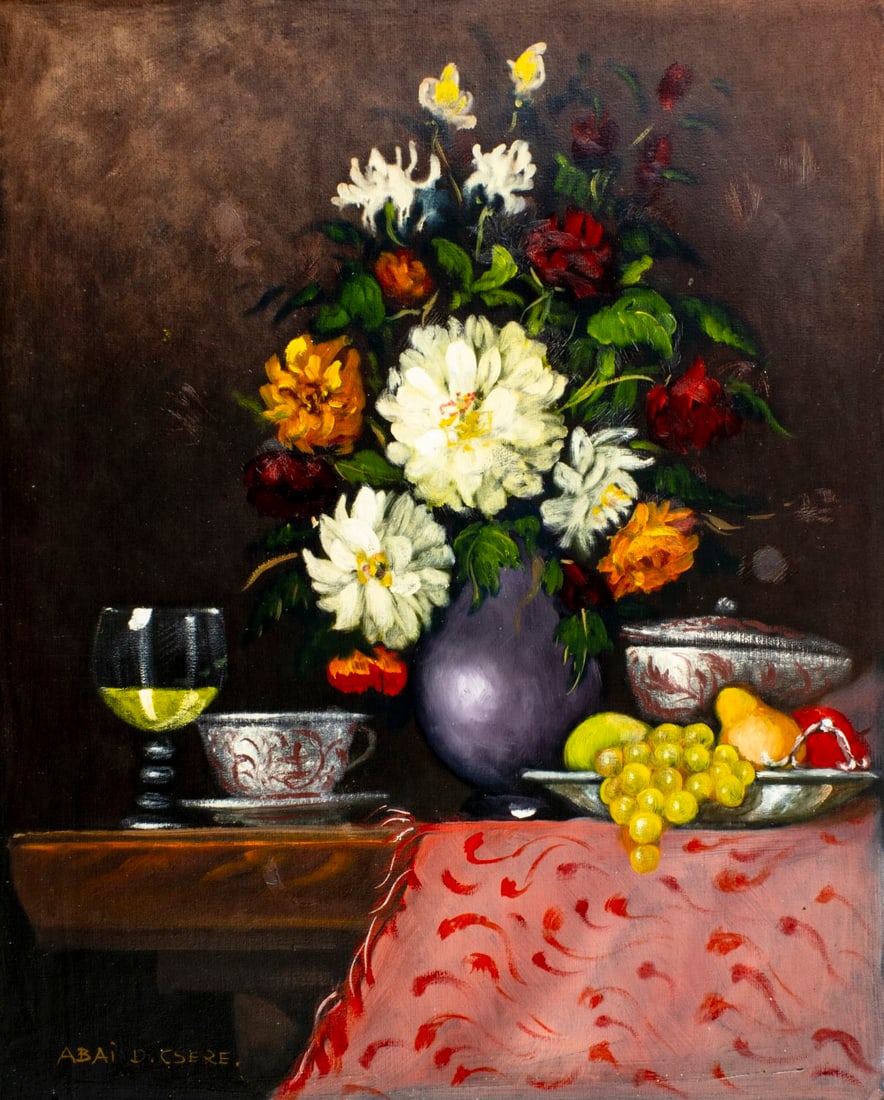 Abai D Csere (Europe,20C) oil painting: ARTIST: Abai D Csere (European, 20 century) TITLE: Still Life with Fruit and Vase of Flowers MEDIUM: oil on canvas CONDITION: Unstretched (In-House stretching available). Fe