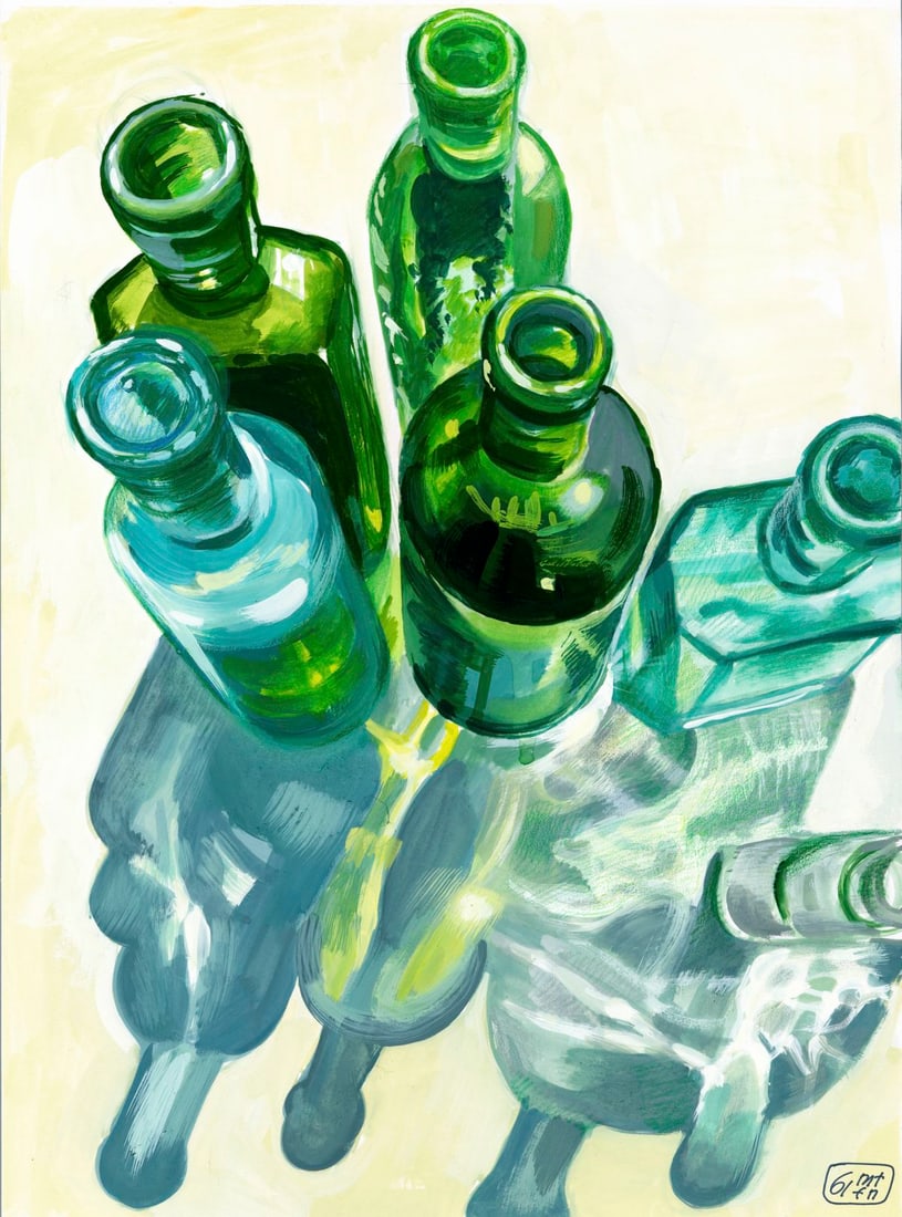 Halyna Yeromenko Afana (Ukraine,20/21C) mixed media painting: ARTIST: Halyna Yeromenko Afana (Ukrainian, 20/21 centuries) TITLE: Still Life with Bottles MEDIUM: mixed media on heavy paper CONDITION: Very good. ART SIZE: