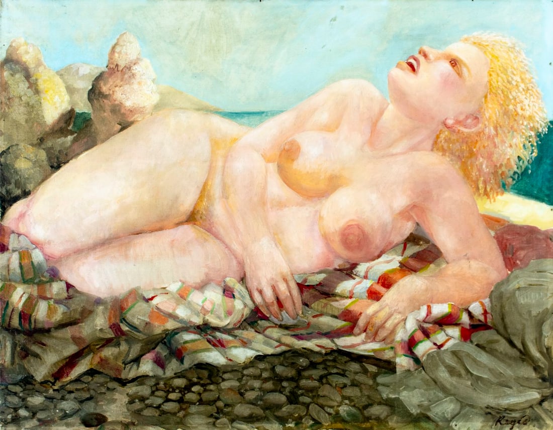 ATTR Joseph Reges (CA,early 20C) oil painting antique: ARTIST: ATTRIBUTED TO Joseph Reges (California, early 20 century) TITLE: Reclining Nude on the Beach MEDIUM: oil on canvas CONDITION: Some small damages to the corners of ca