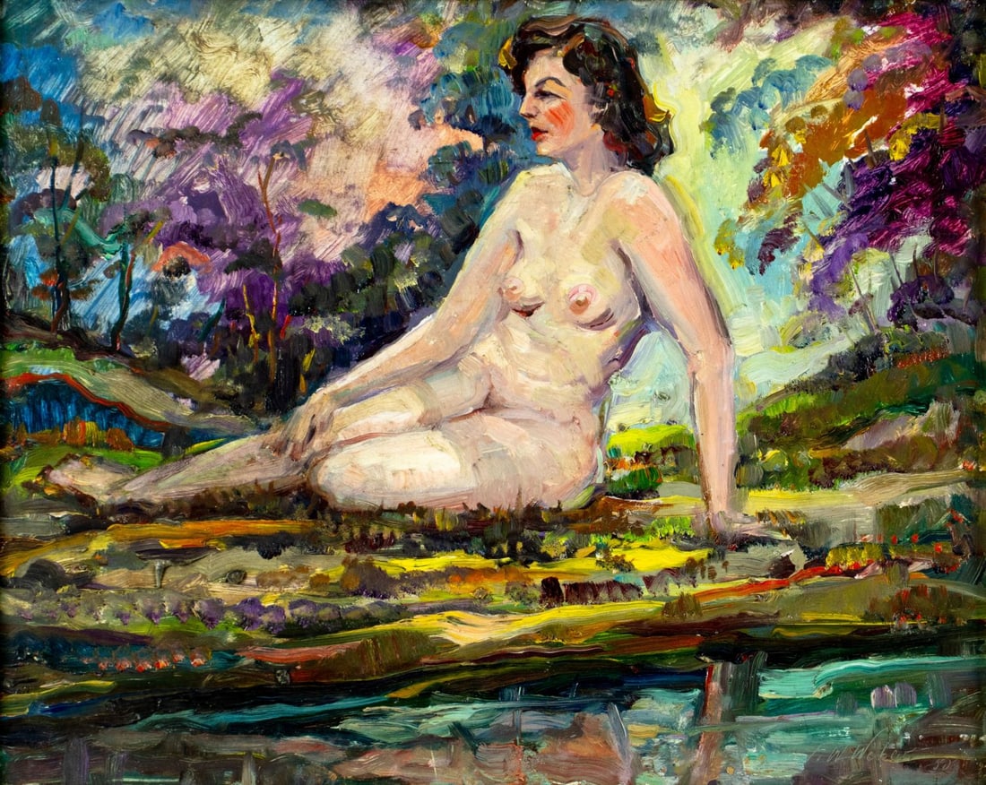 Fred Weber (PA,1890-1972) oil painting: ARTIST: Fred W Weber (Pennsylvania, 1890 - 1972) TITLE: Seated Nude YEAR: 1950 MEDIUM: oil on board CONDITION: Few minor scratches/paint losses mostly