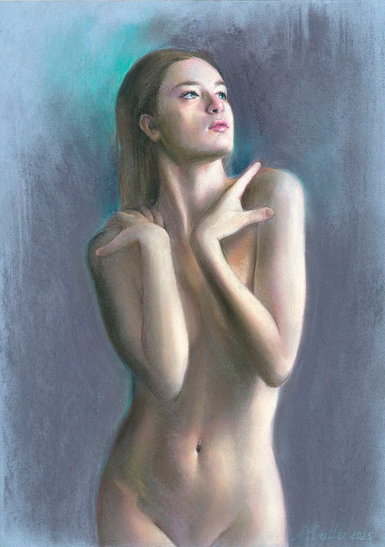 Anna Kintsler (Ukraine,b 2001) pastel painting: ARTIST: Anna Kintsler (Ukrainian, born 2001) TITLE: Nude MEDIUM: pastel on heavy paper CONDITION: Very good. ART SIZE: 12 x 8 inches / 30 x 20 cm