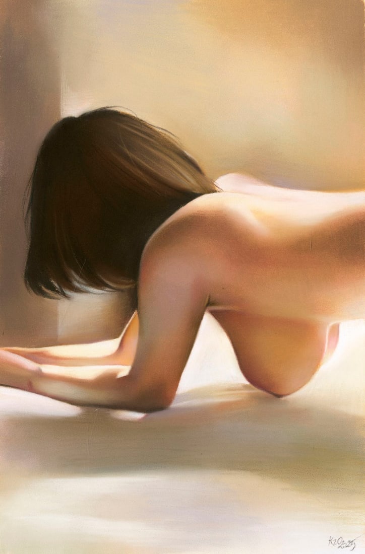 Olga Kuznezova (Ukraine,b 2000) pastel painting: ARTIST: Olga Kuznezova (Ukrainian, born 2000) TITLE: Nude MEDIUM: pastel on heavy paper CONDITION: Very good. ART SIZE: 12 x 8 inches / 30 x 20 cm