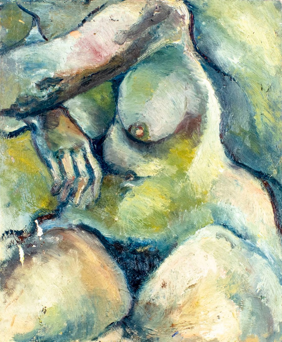 Vintage mid 20C American oil painting: ARTIST: - (American, mid 20 century) TITLE: Nude MEDIUM: oil on canvas CONDITION: Some paint losses (see pictures carefully). Some craquelure. No visible inpaint under UV