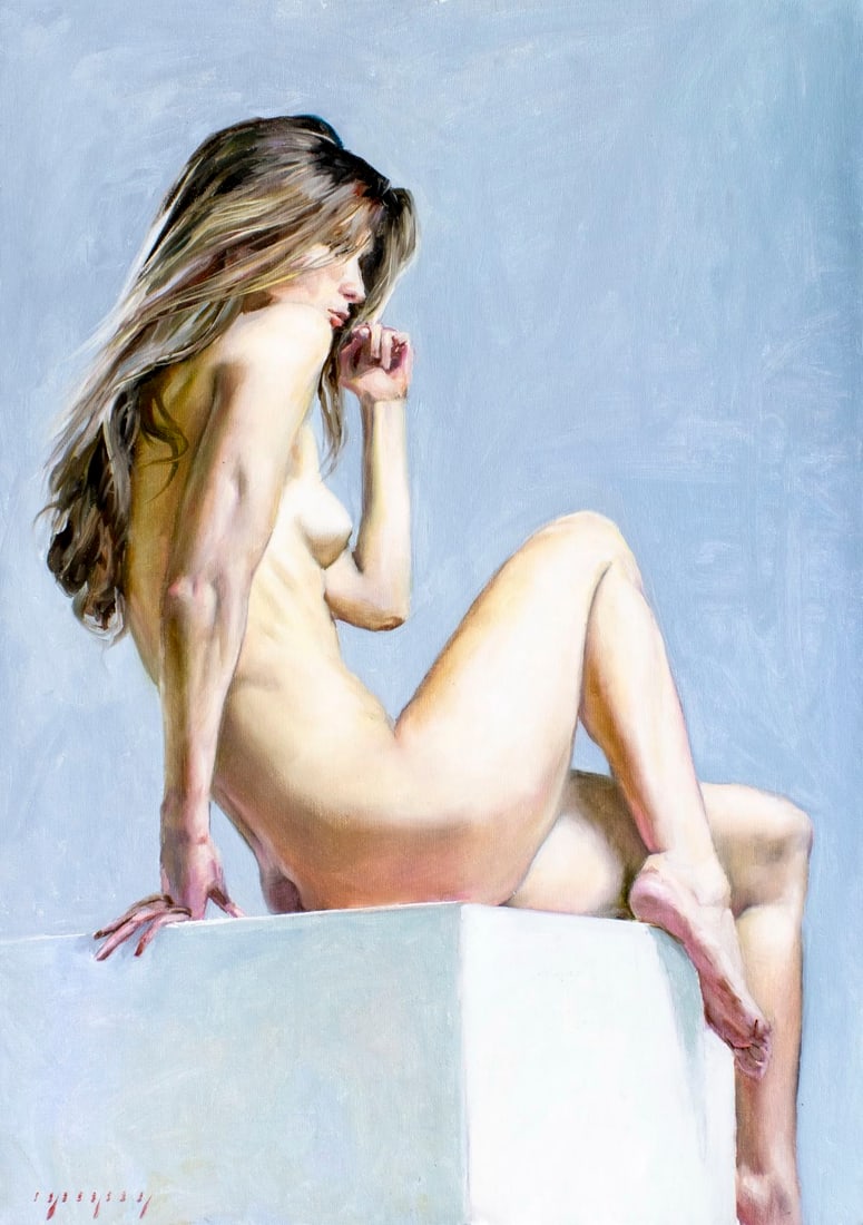 Igor Grey (Ukraine,b 1975) oil painting: ARTIST: Igor Grey (Ukrainian, born 1975) TITLE: Nude - Soft Geometry (titled on verso) MEDIUM: oil on canvas CONDITION: Unstretched (In-House stretching available). Very goo